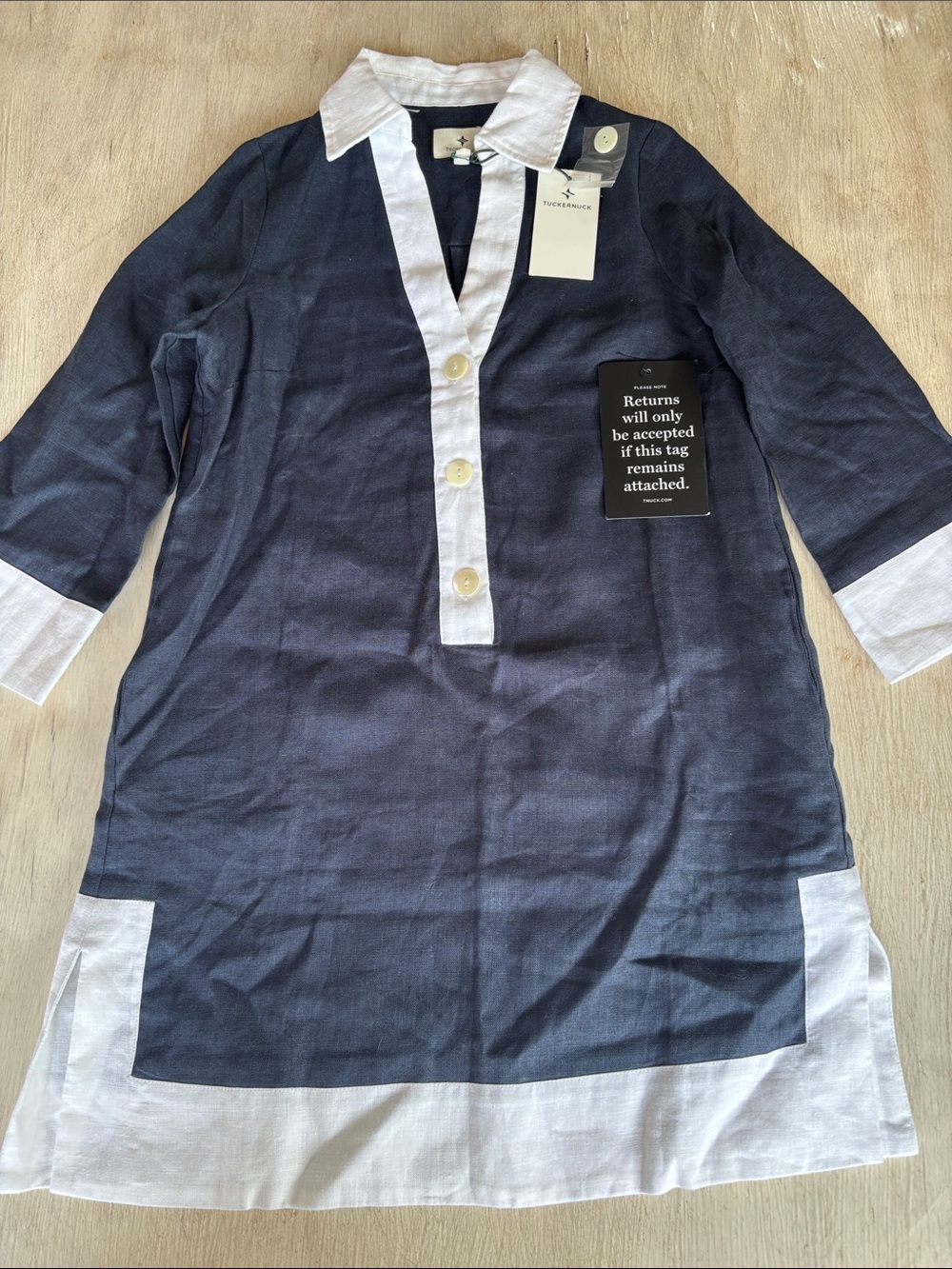 Tuckernuck NWT Navy and White Linen-Blend Button-Front Tunic